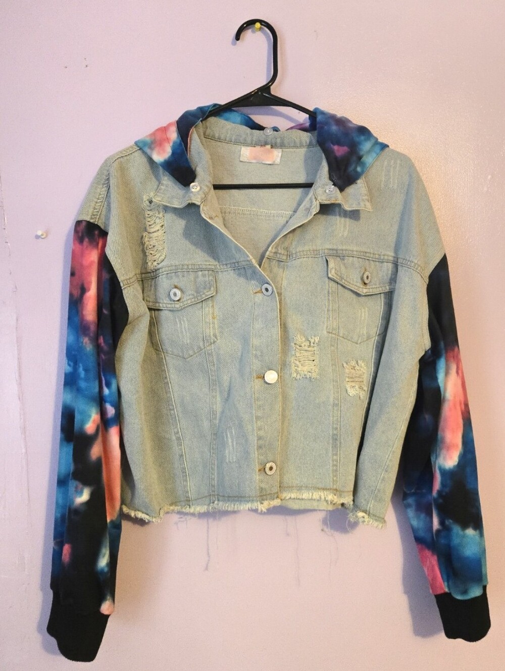 Denim Jacket XL with Tie-Dye Hood & Sleeves - Light Blue
